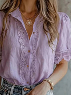 Lace-trimmed Short Sleeve Button-down Shirt (9)