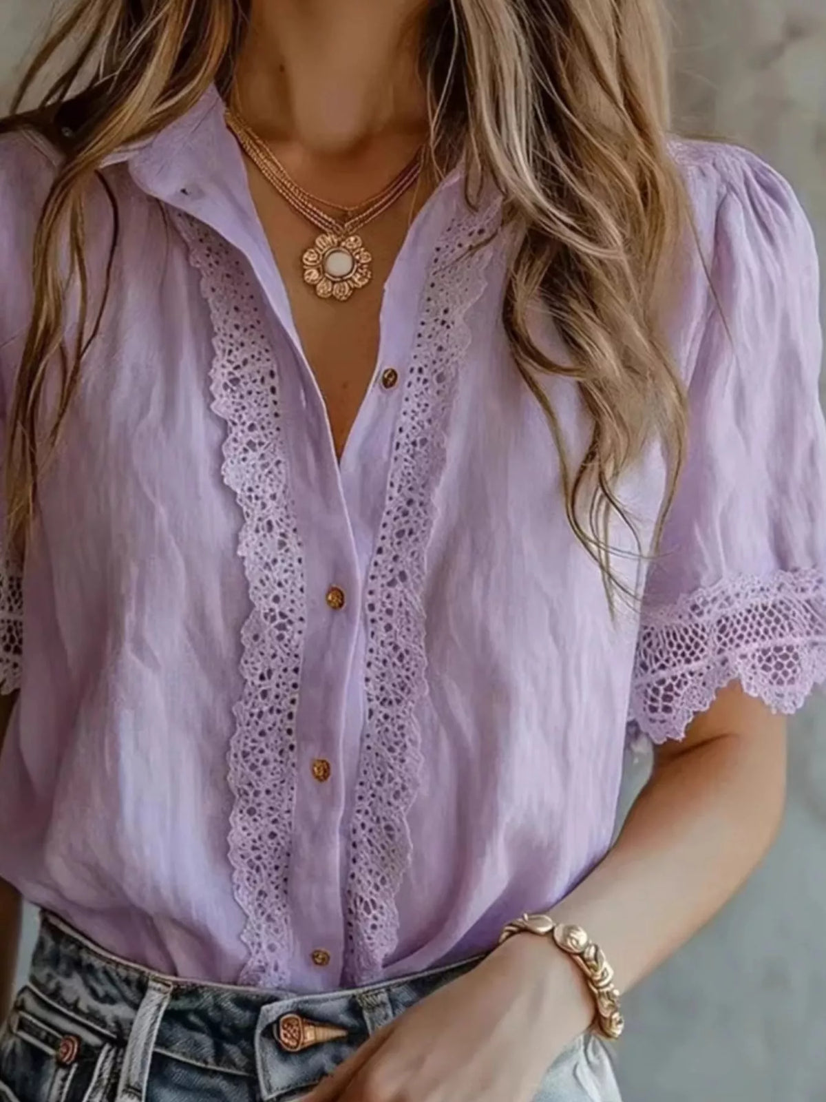 Lace-trimmed Short Sleeve Button-down Shirt (9)