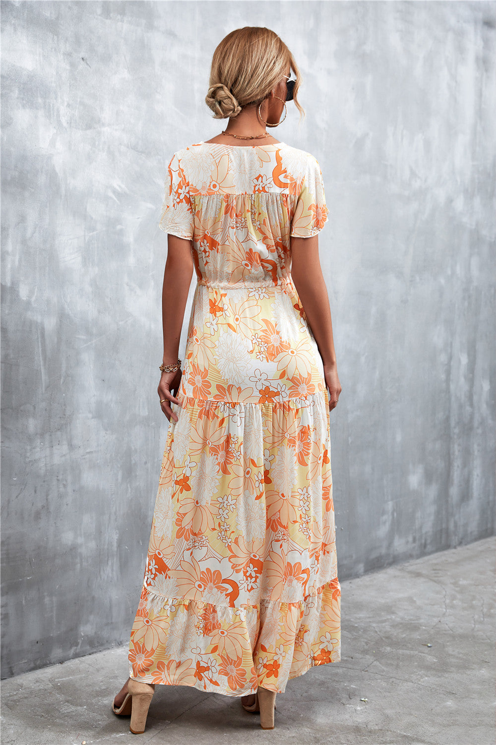 Floral Buttoned Drawstring Waist Tiered Dress (18)