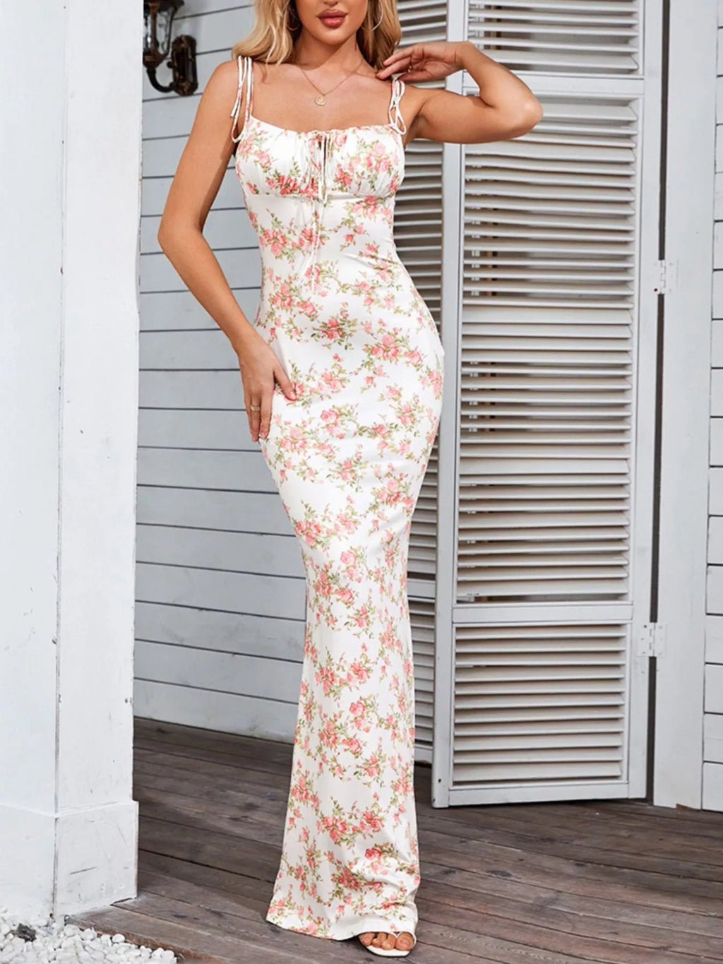 Floral Print Tie Strap Bodycon Maxi Dress (3)