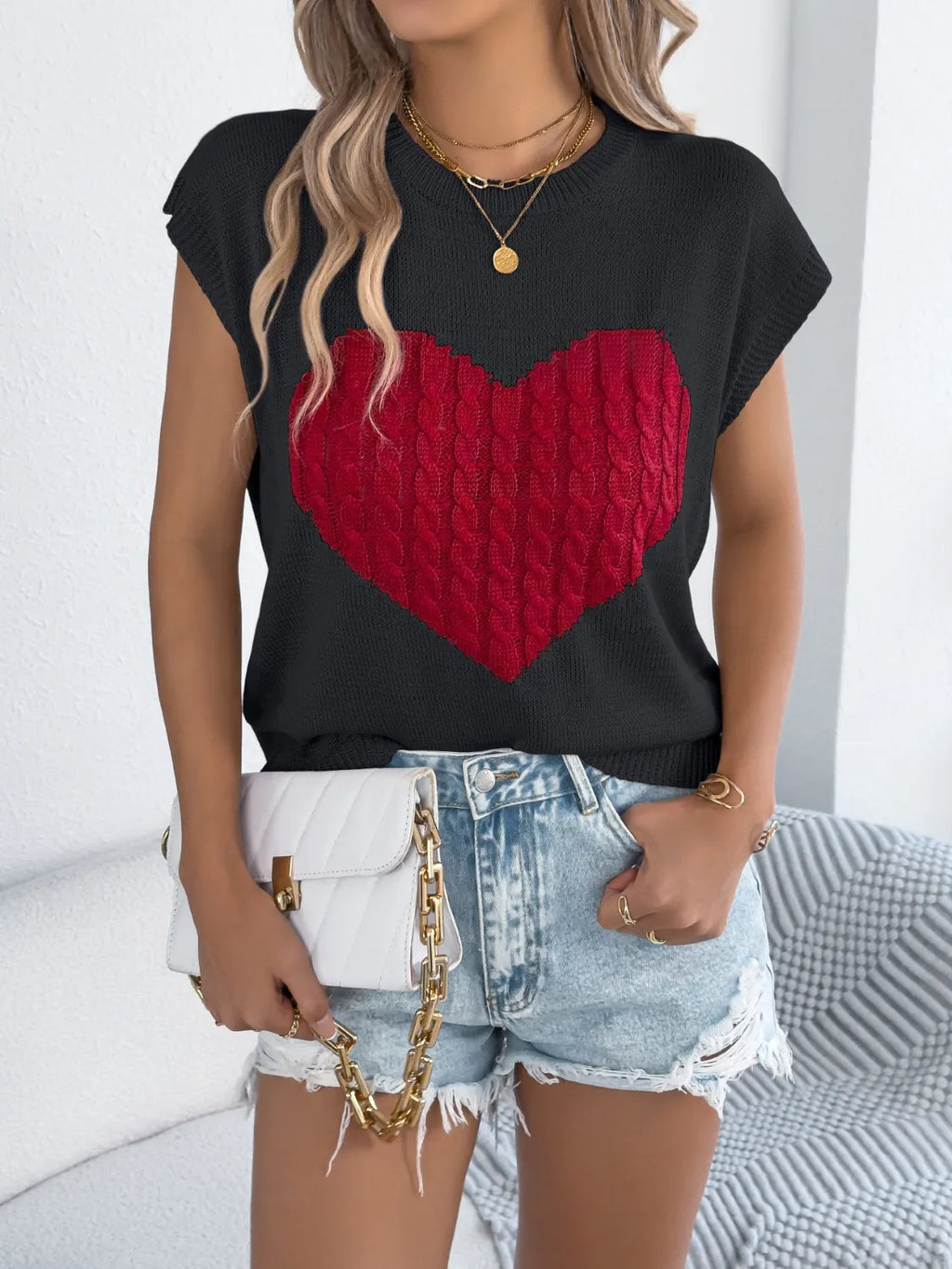 Cable Knit Heart Round Neck Cap Sleeve Top (16)
