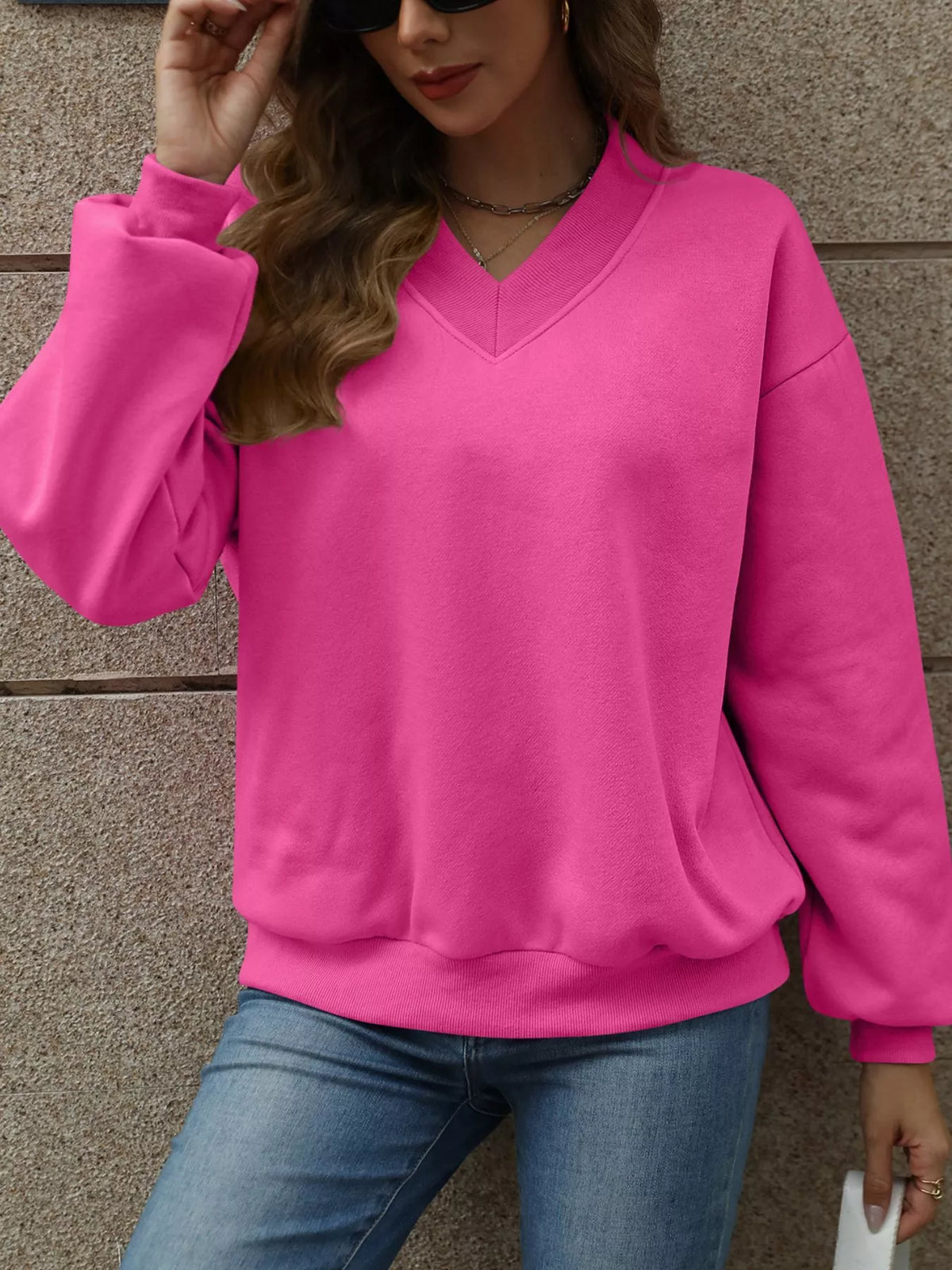 V-neck Solid Color Casual Sweatshirt (4)