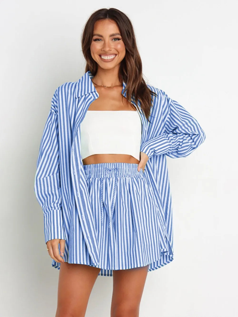 Striped Dropped Shoulder Shirt Shorts Set (5)