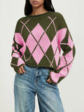 Argyle Pattern Knit Dropped Shoulder Sweater (2)