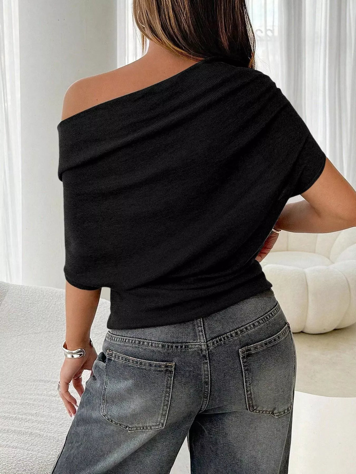 Off-shoulder Ruched Knit T-shirt (11)