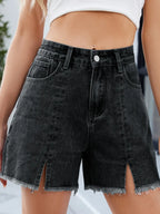 Raw Hem Slit Denim Shorts (3)