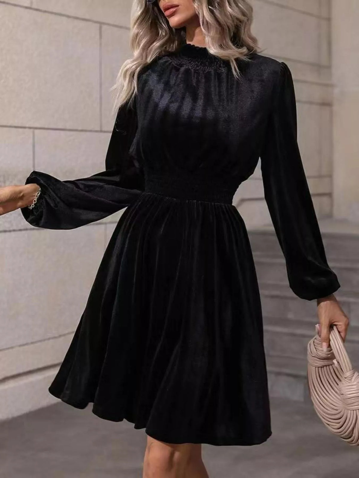 Velvet High Neck Long Sleeve A-line Dress (8)
