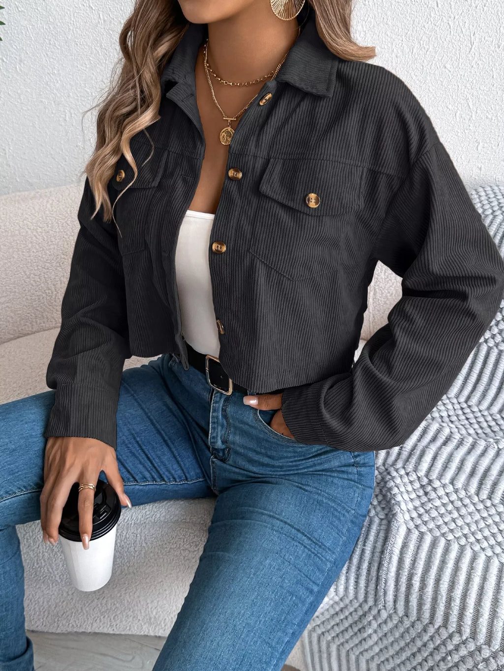 Corduroy Button-up Dropped Shoulder Jacket (6)