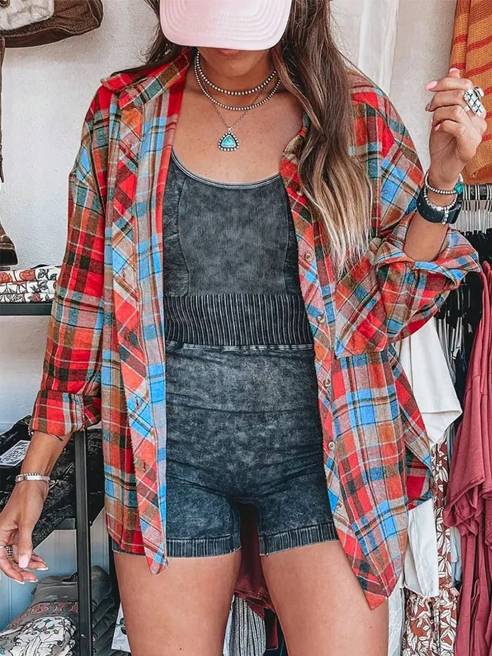 Plaid Collared Neck Long Sleeve Shirt (2)