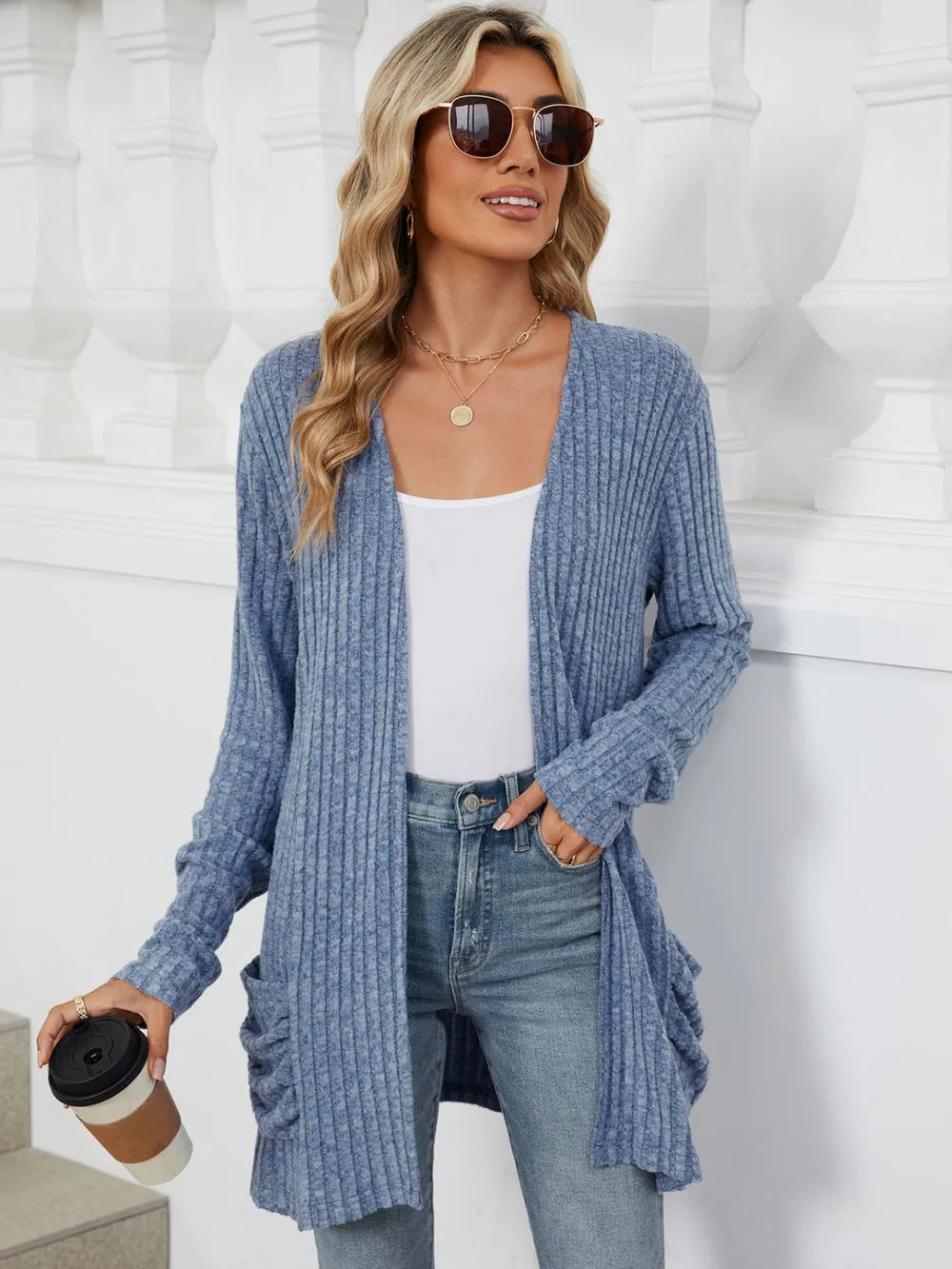 Pocketed Open Front Long Sleeve Cardigan (3)