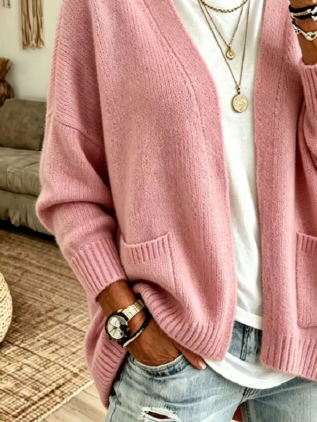 Open Front Knit Cardigan Pockets (2)