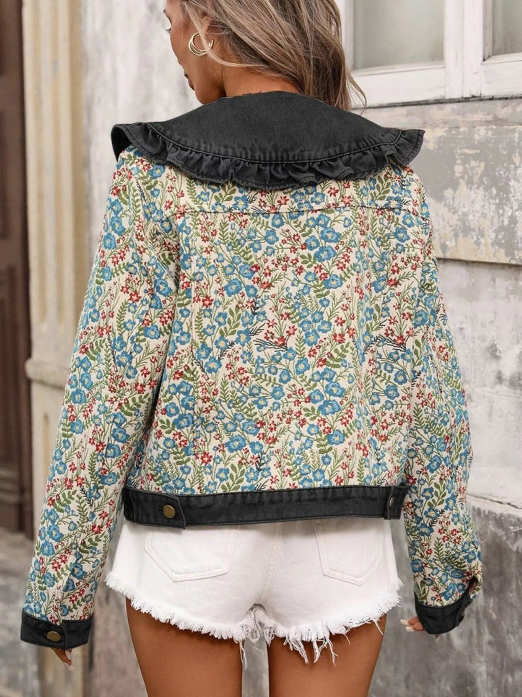 Floral Ruffle Collar Denim Jacket (6)