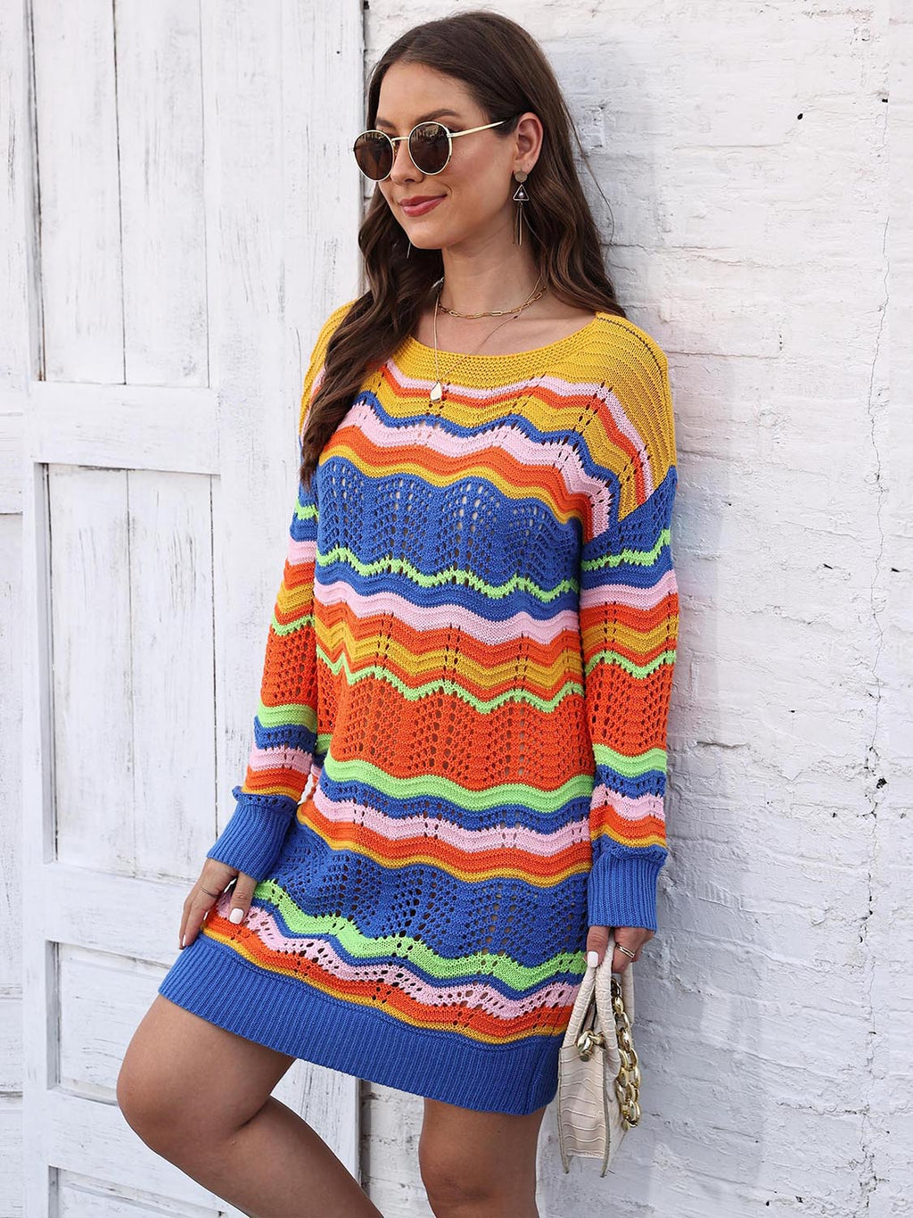 Openwork Round Neck Sweater Dress (5)