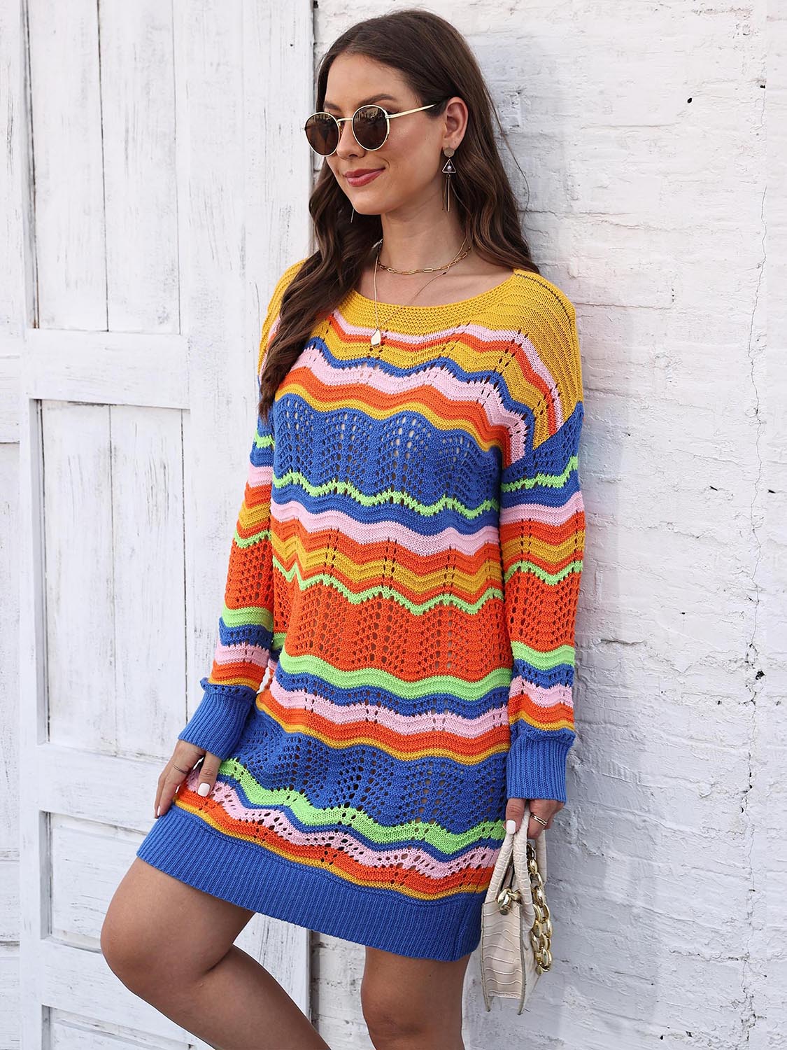 Openwork Round Neck Sweater Dress (5)