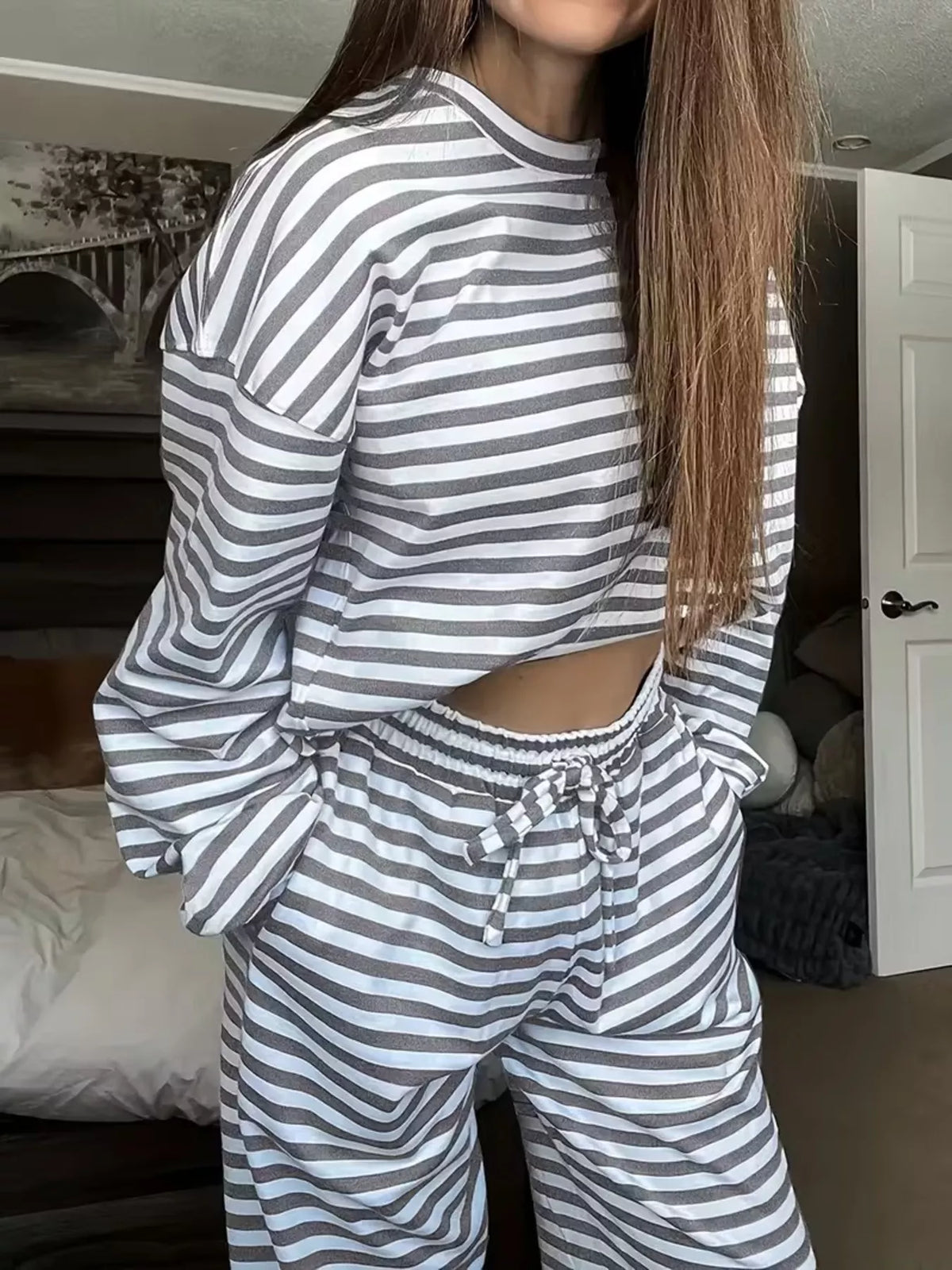 Striped Long Sleeve Top Pants Set (2)