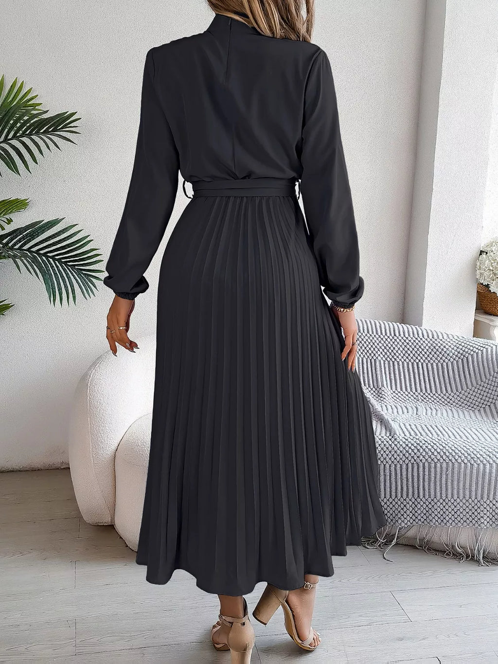 Mock Neck Pleated Midi Dress (25)