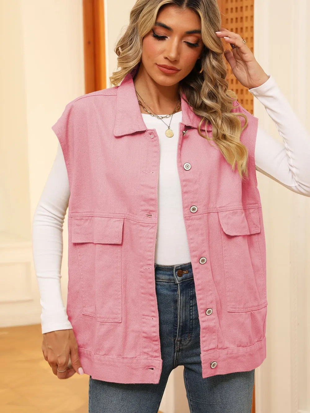 Pocketed Button Up Sleeveless Denim Jacket (7)