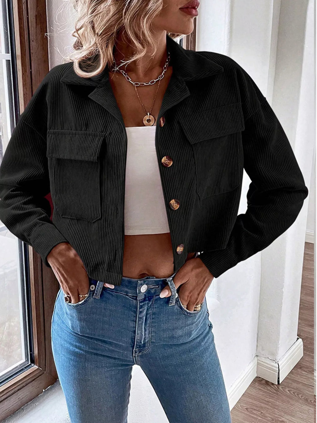 Cropped Corduroy Button-down Jacket (13)