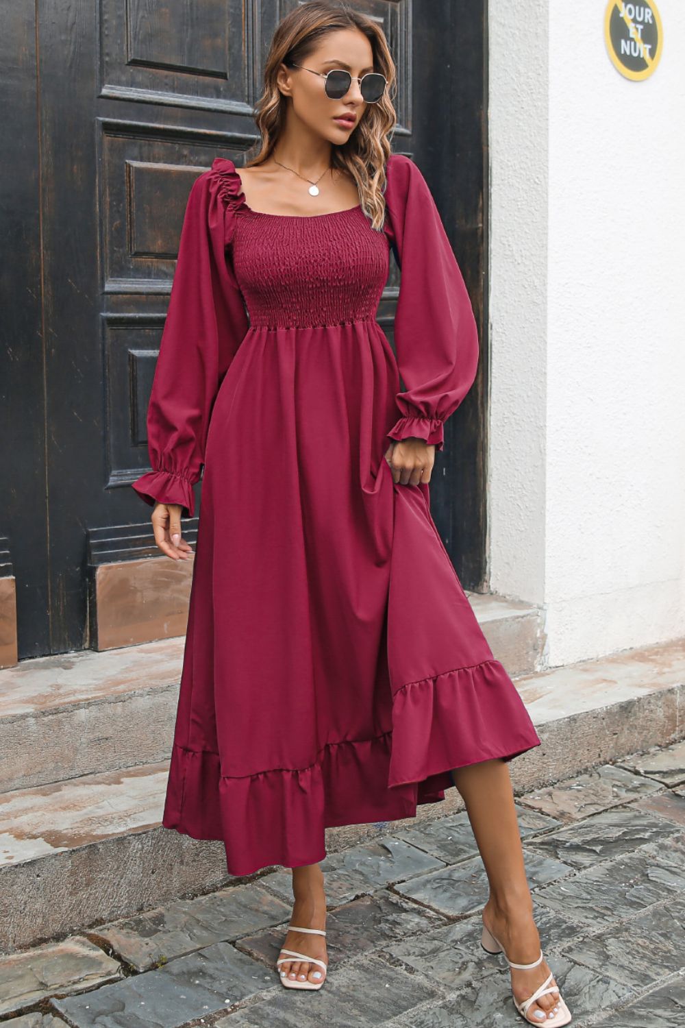 Smocked Ruffle Hem Flounce Sleeve Dress (9)