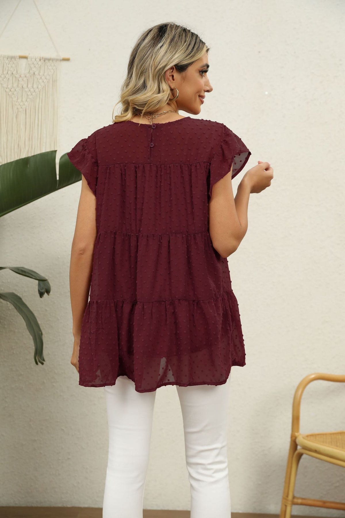 Swiss Dot Round Neck Tiered Blouse (18)