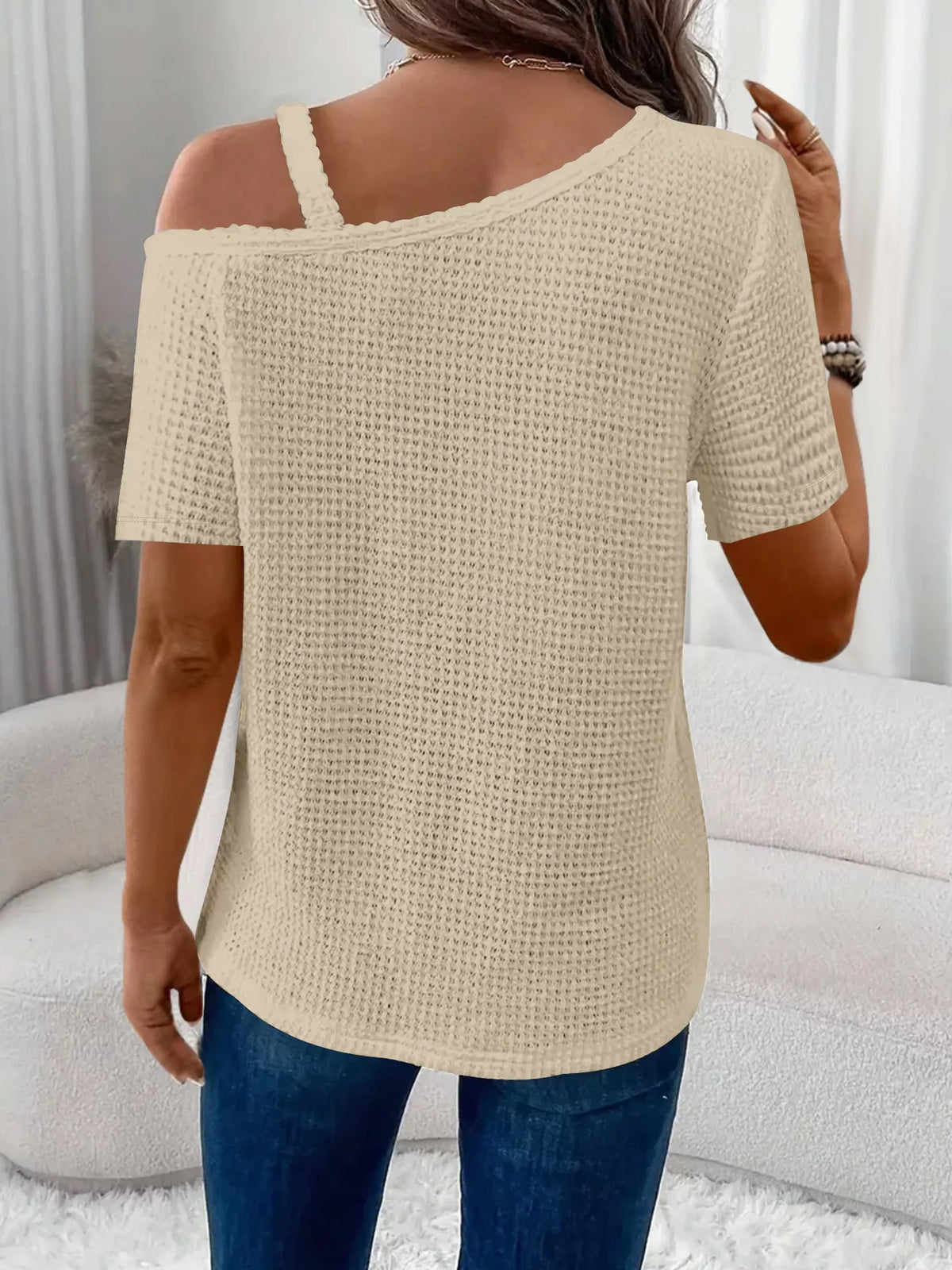 One-shoulder Chain Detail Waffle Knit T-shirt (3)