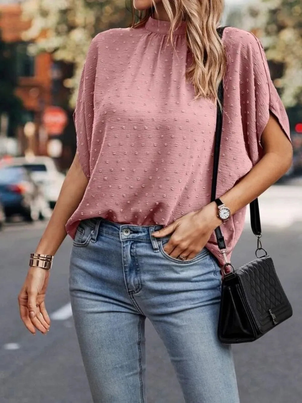 Swiss Dot Mock Neck Half Sleeve Blouse (25)