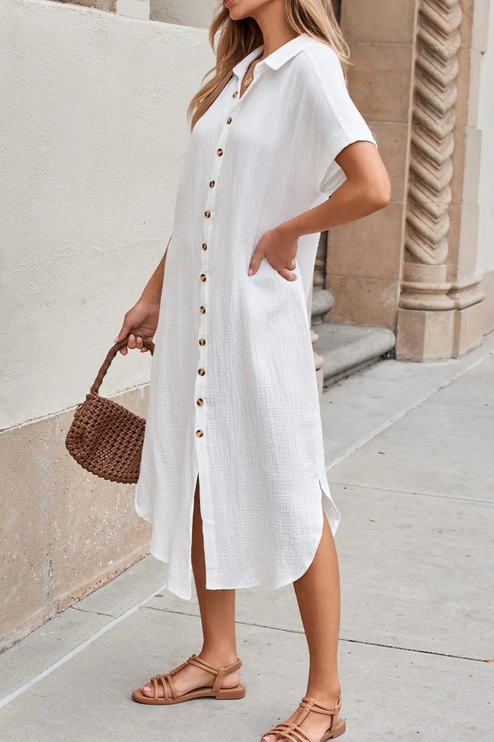 Button Down Short Sleeve Midi Shirt Dress (5)