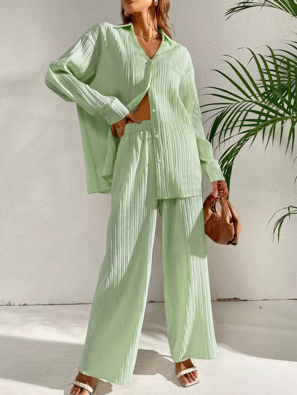 Long Sleeve Shirt Wide Leg Pants Set (11)