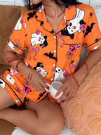 Halloween Ghost Print Button-down Top Shorts Lounge Set (2)
