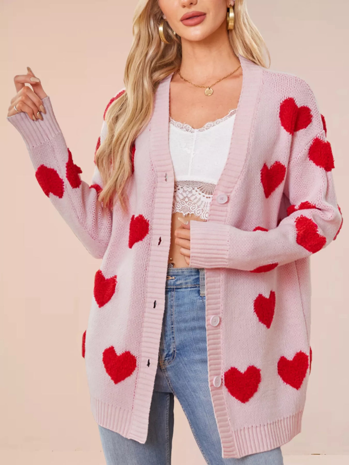 Heart Pattern Knit Button-up Cardigan