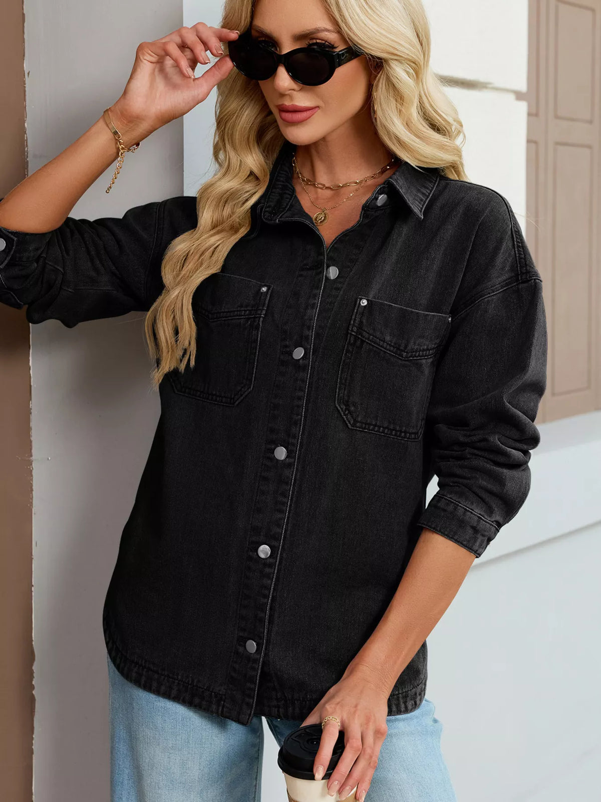 Button Up Dropped Shoulder Denim Jacket
