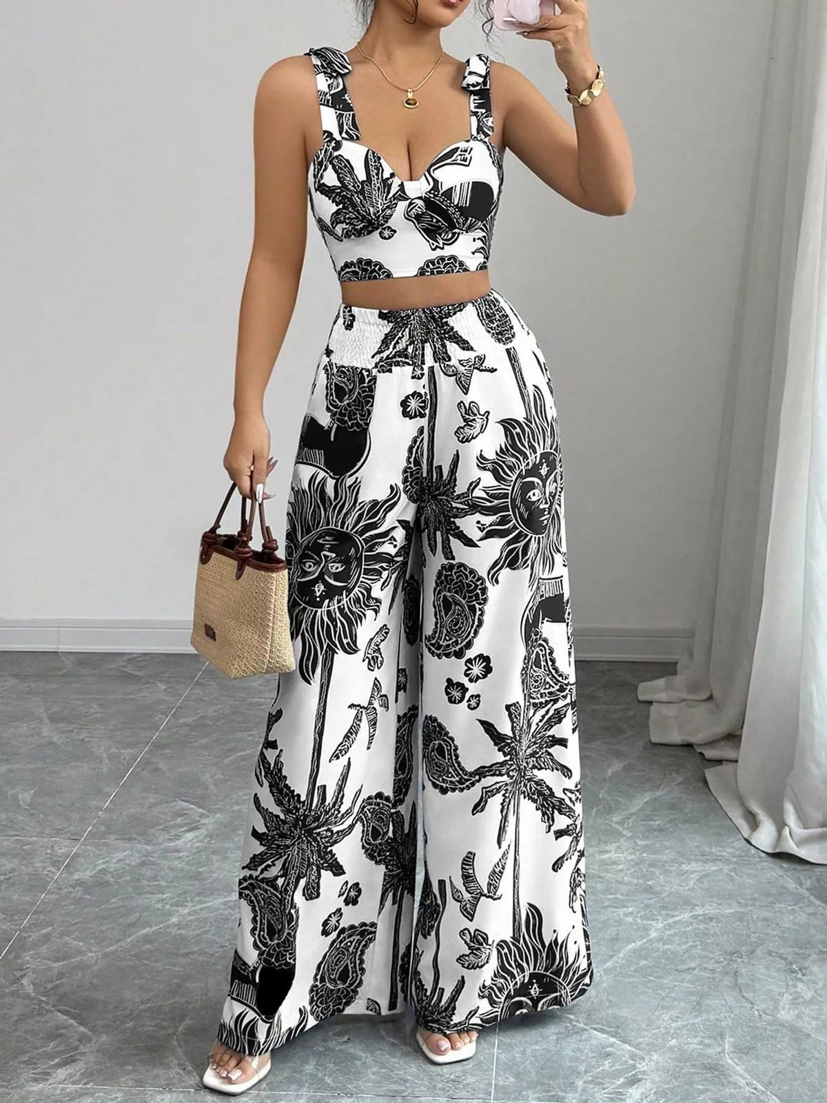 Floral Print Crop Top Wide Leg Pants Set (12)