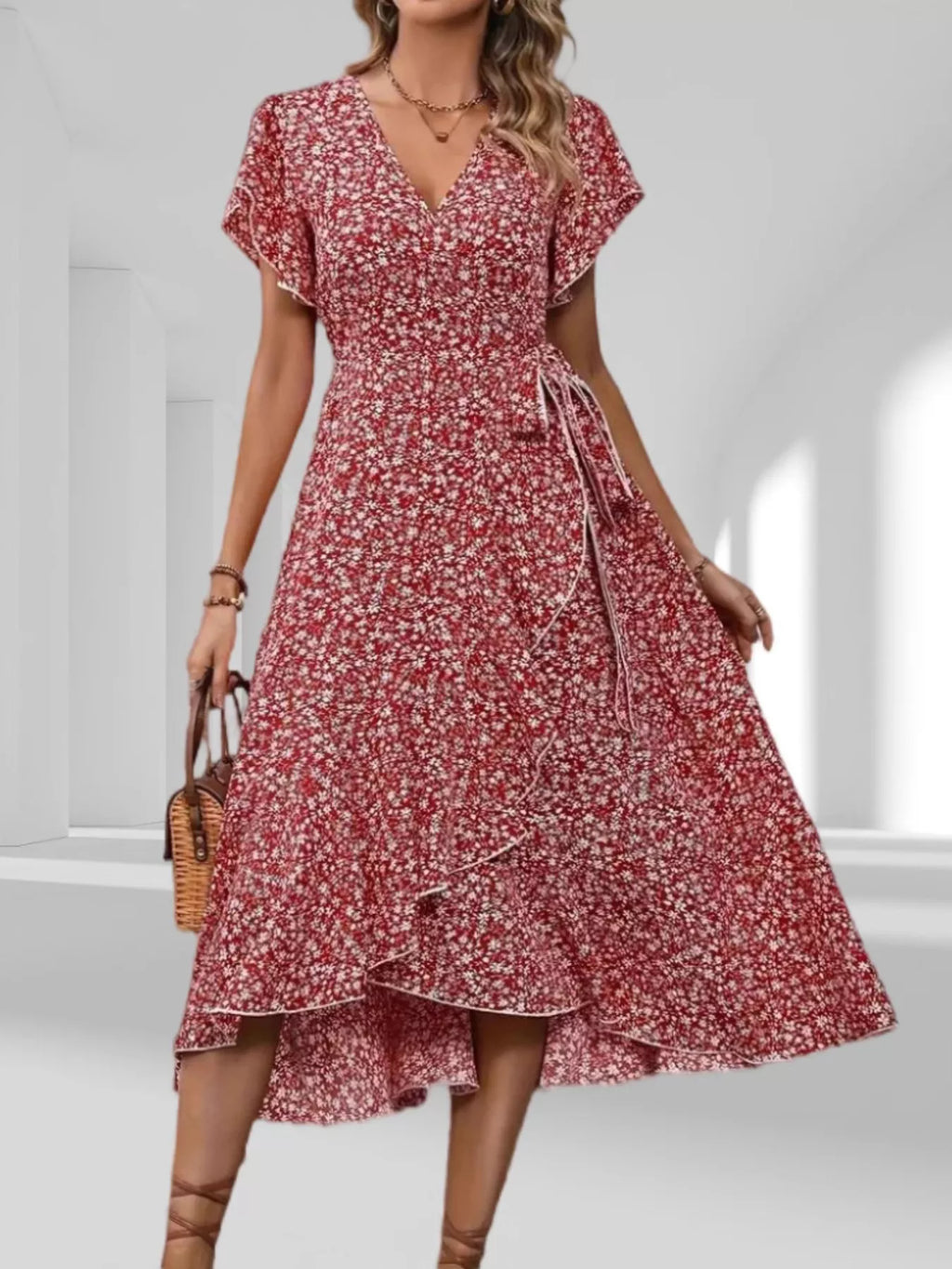 Floral Print Ruffle Hem Wrap Midi Dress (15)