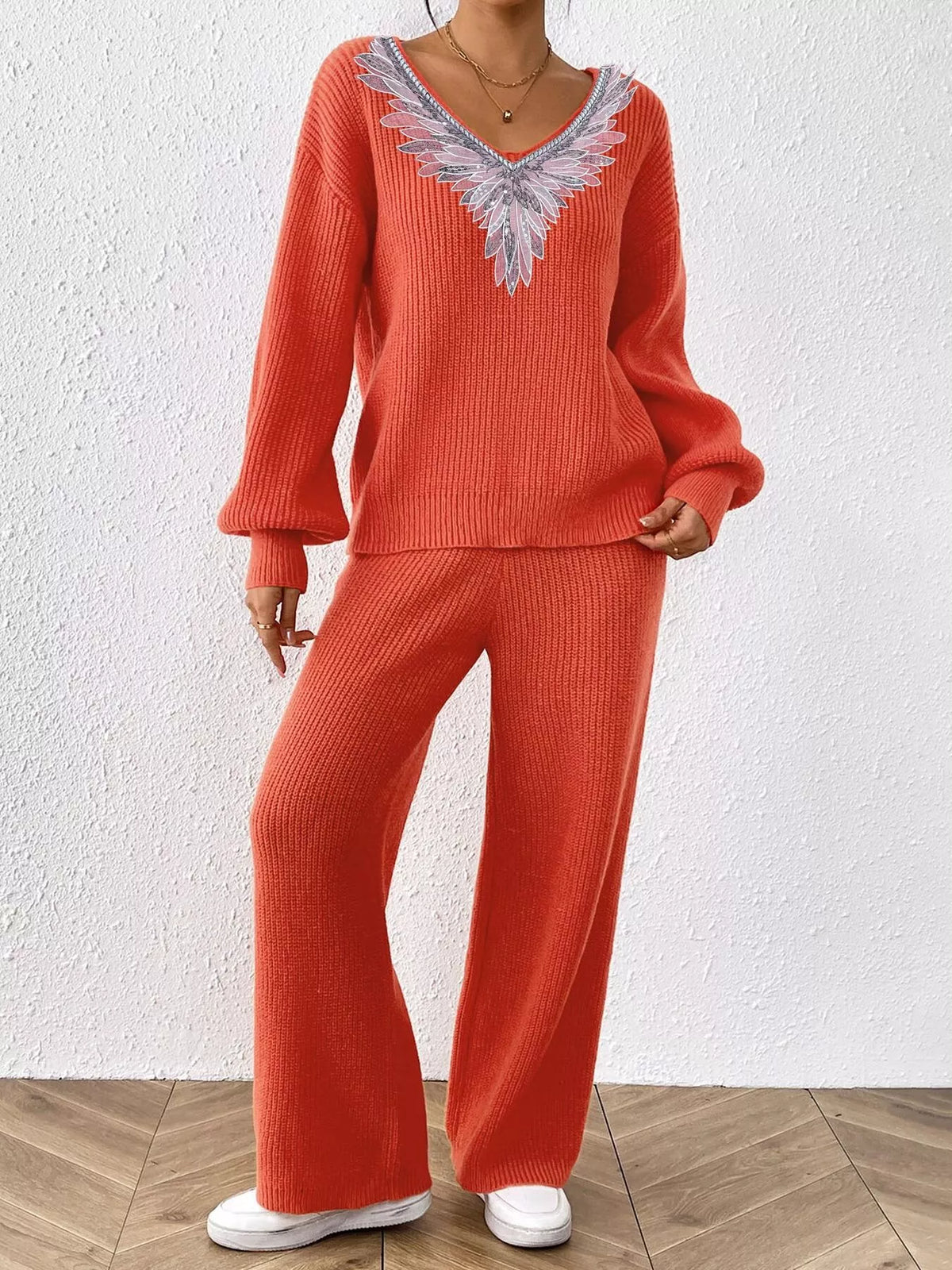 V-neck Sweater Pants Set (13)
