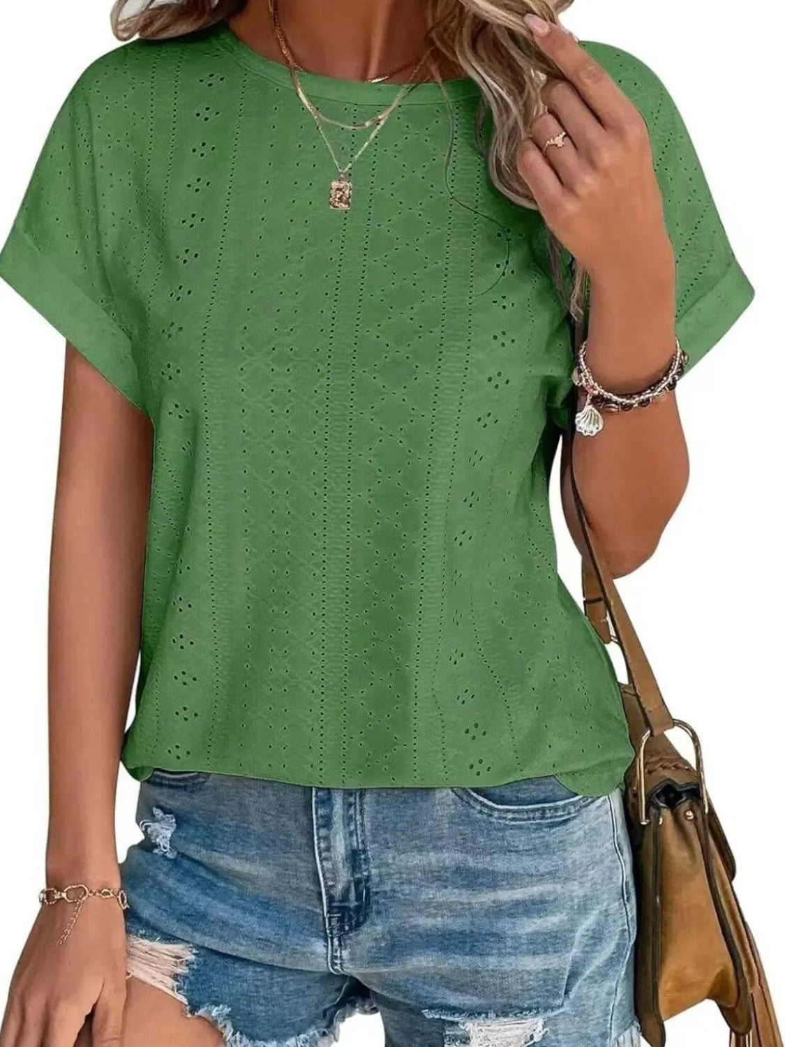 Eyelet Round Neck Short Sleeve Top (14)
