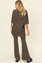 Full Size Round Neck Drop Shoulder T-shirt Flare Pants Set (12)