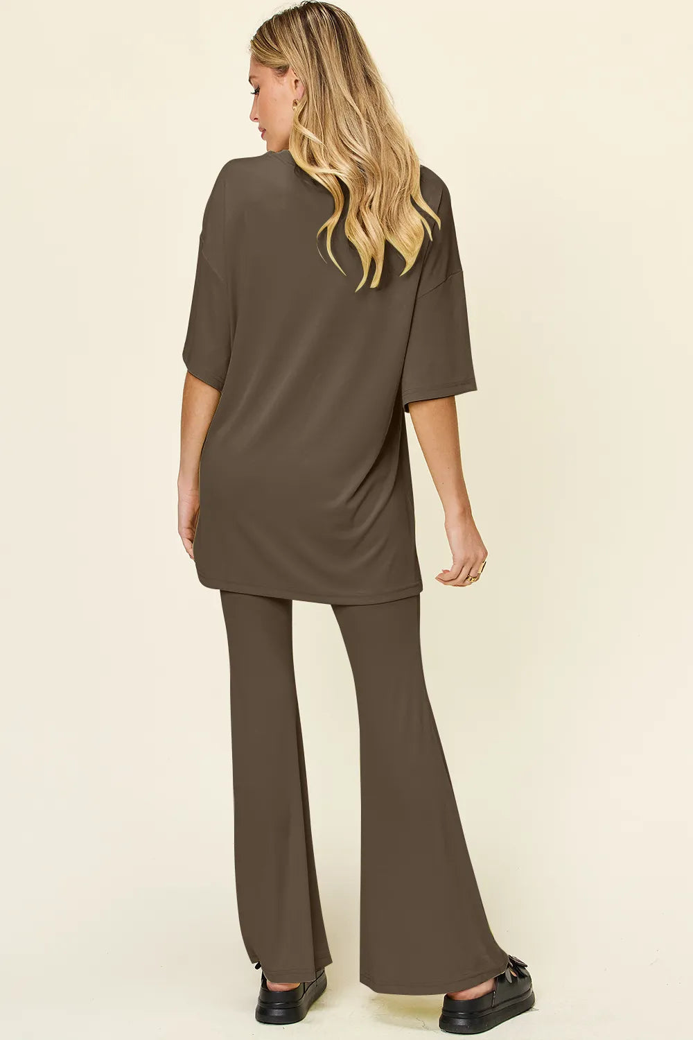 Full Size Round Neck Drop Shoulder T-shirt Flare Pants Set (12)