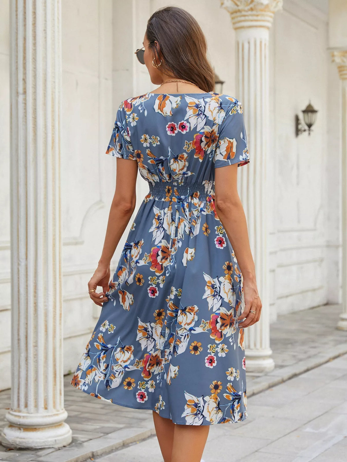Printed Short Sleeve Midi Dress (19)