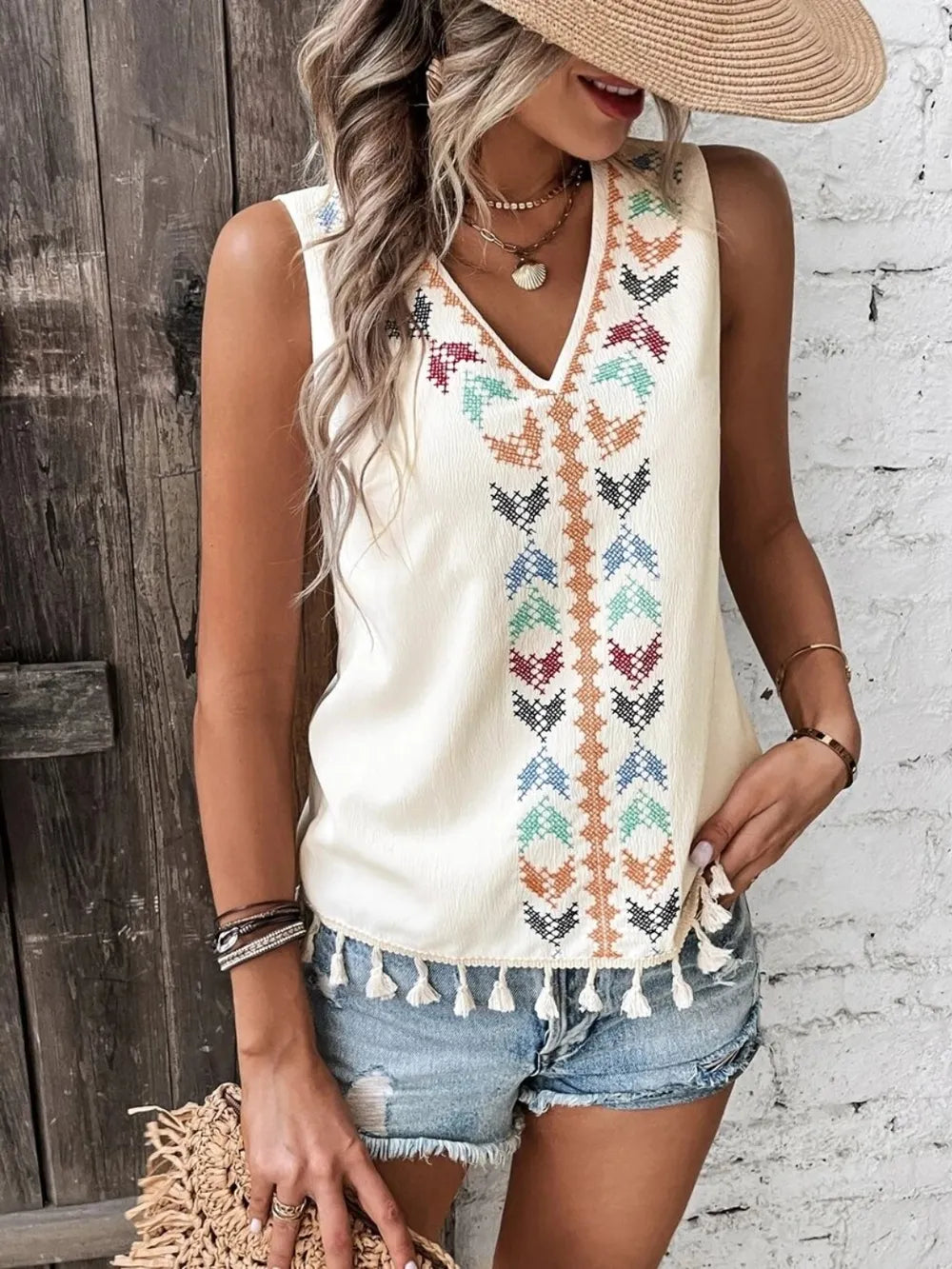 Tassel Printed V-neck Tank (5)