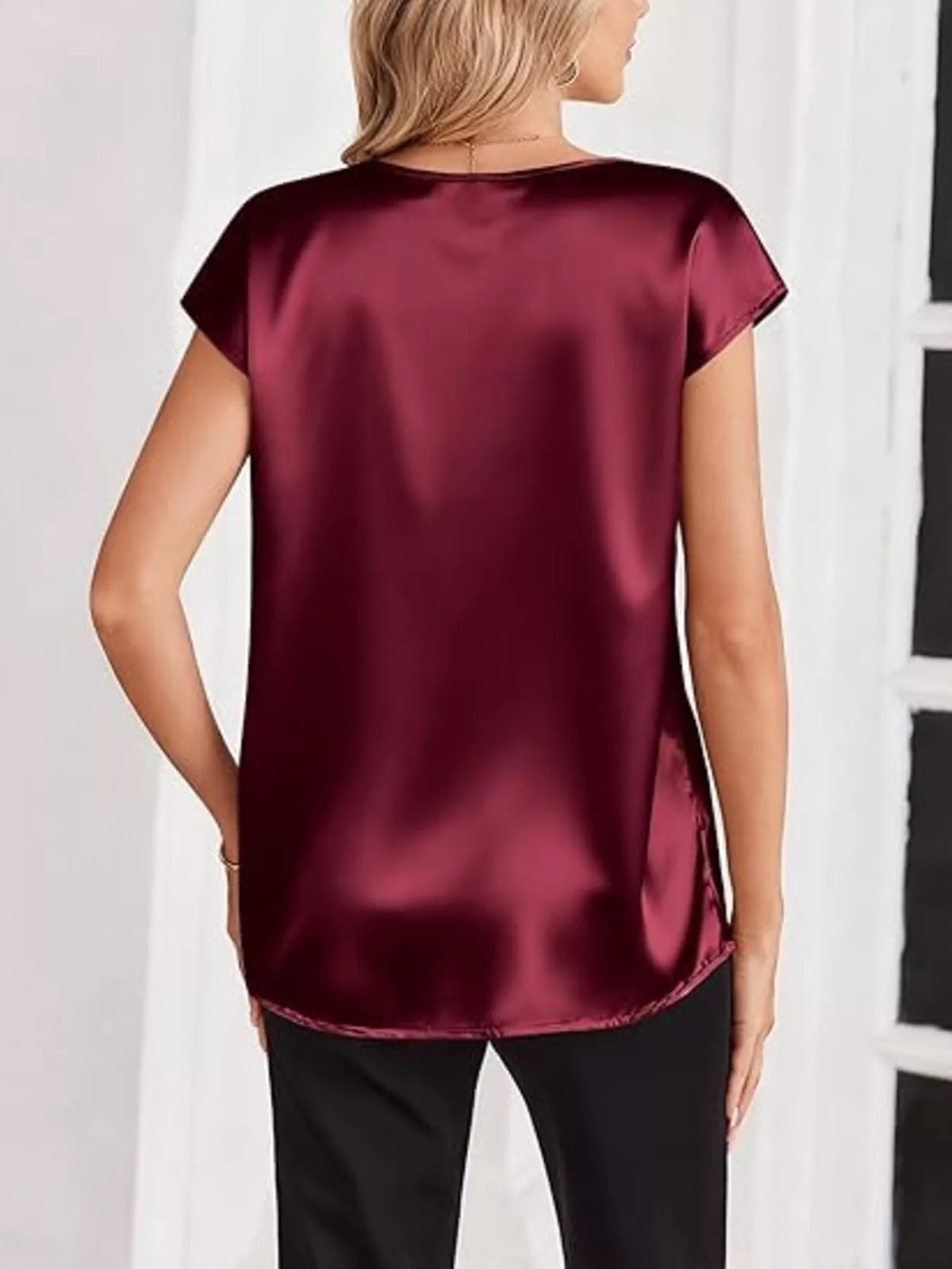 Satin V-neck Short Sleeve Blouse (9)