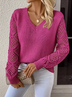 Openwork V-neck Long Sleeve Sweater (20)