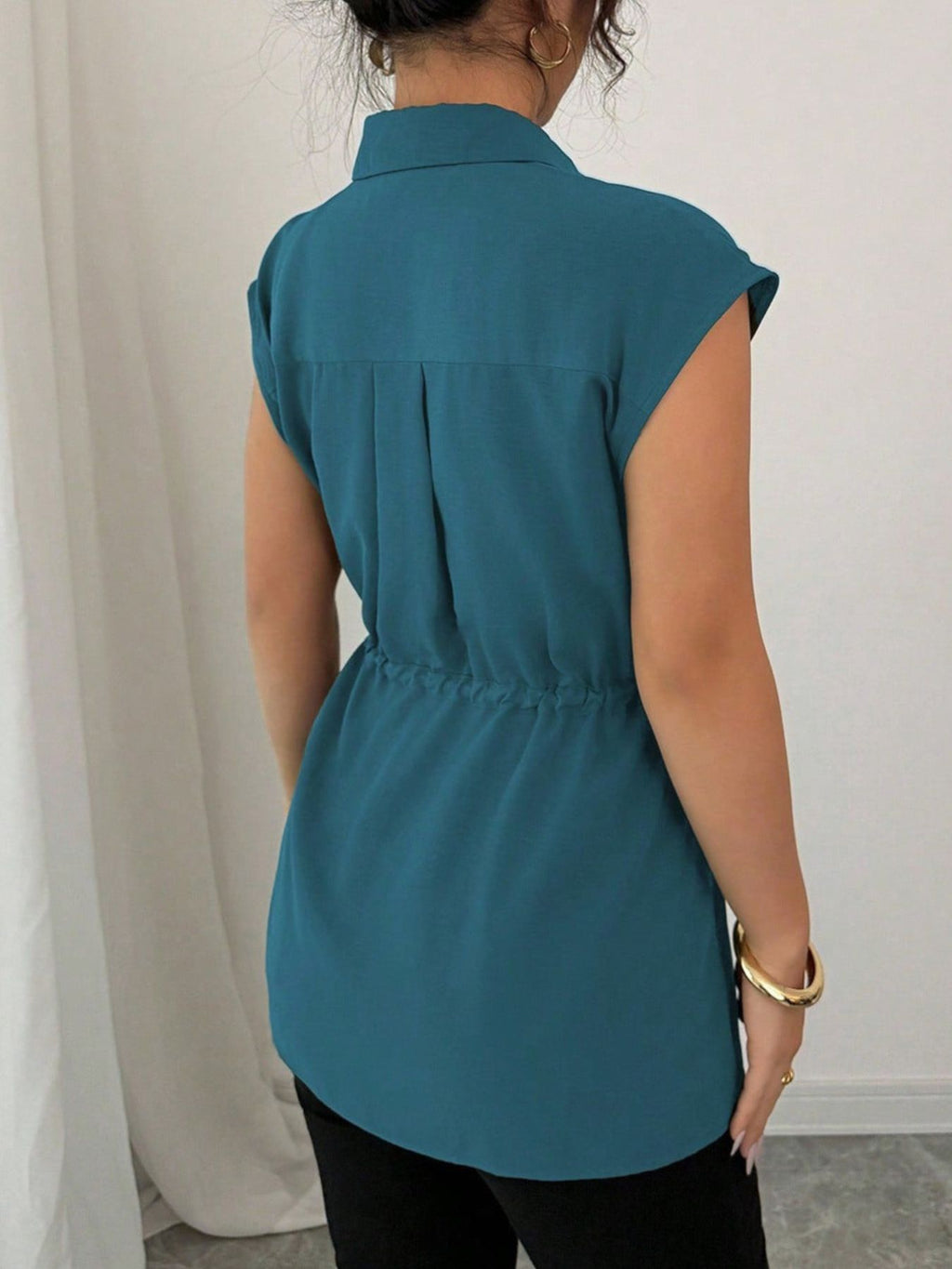 Drawstring Waist Cap Sleeve Shirt (25)