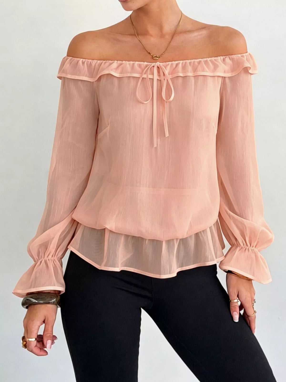 Off-shoulder Flounce Sleeve Chiffon Blouse (14)