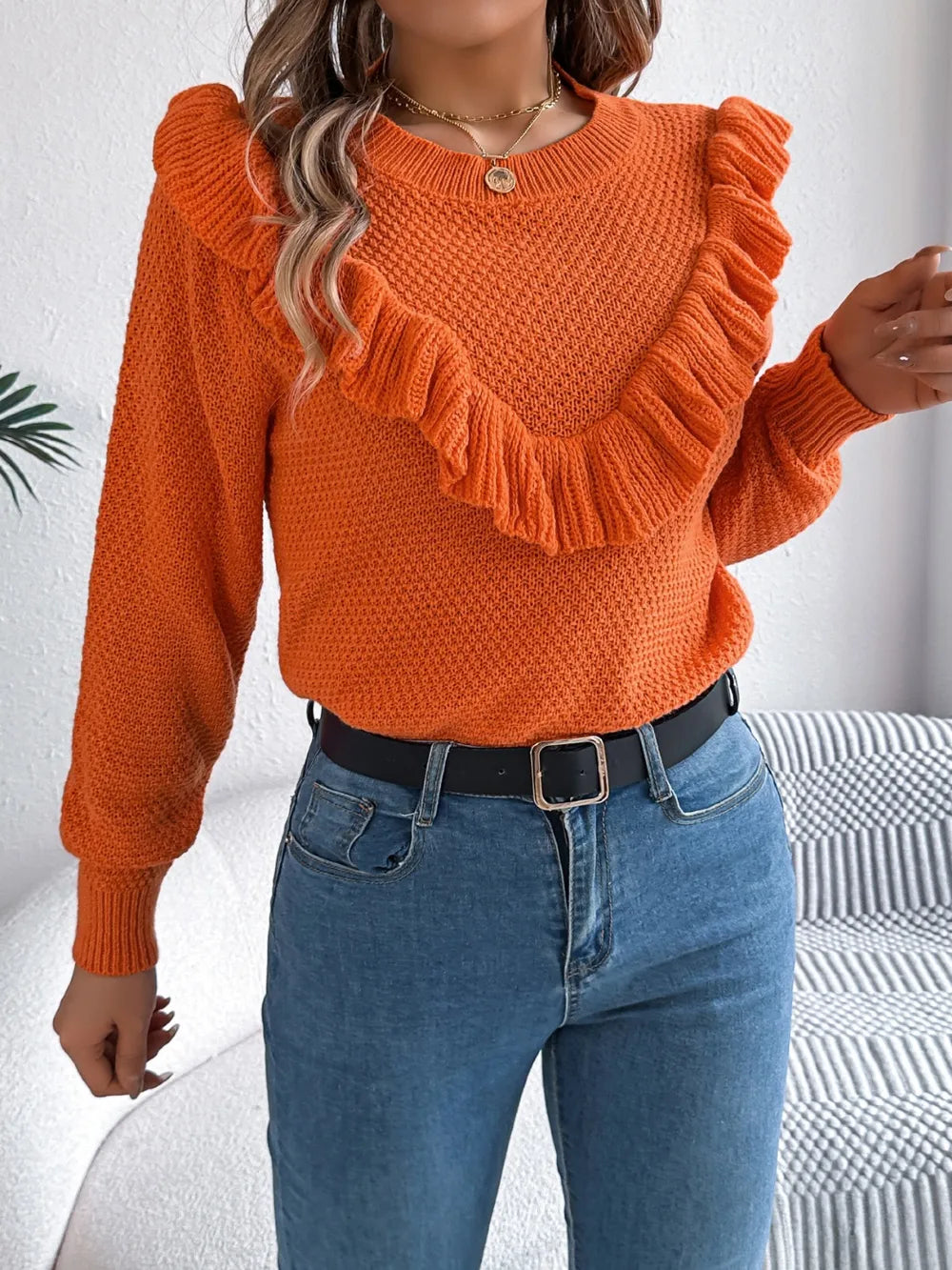 Ruffled Round Neck Long Sleeve Sweater (16)