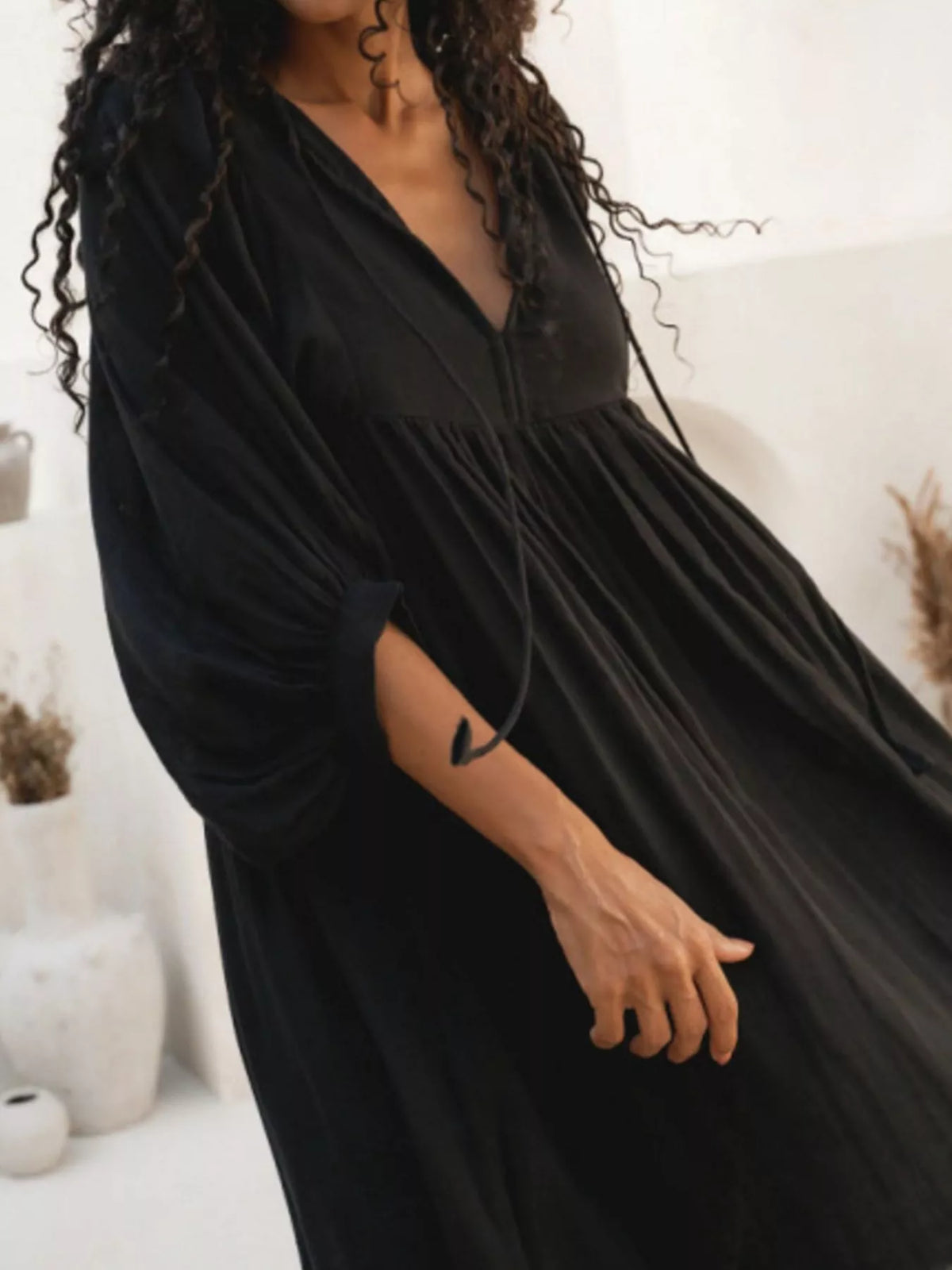 Tie Neck 3/4 Sleeve Midi Dress (12)