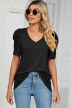Heathered V-neck Puff Sleeve T-shirt (15)