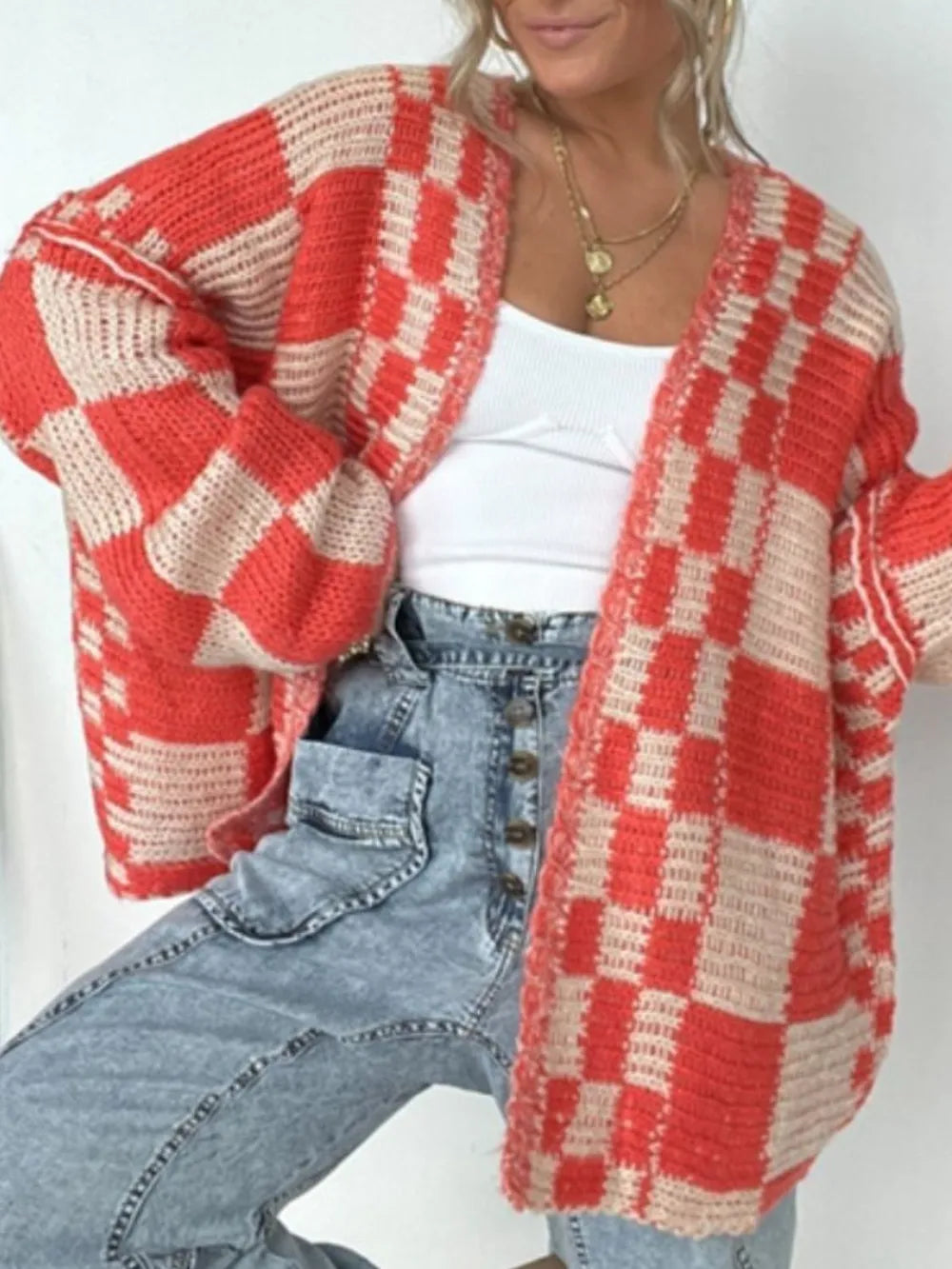 Plaid Open Front Long Sleeve Cardigan (2)