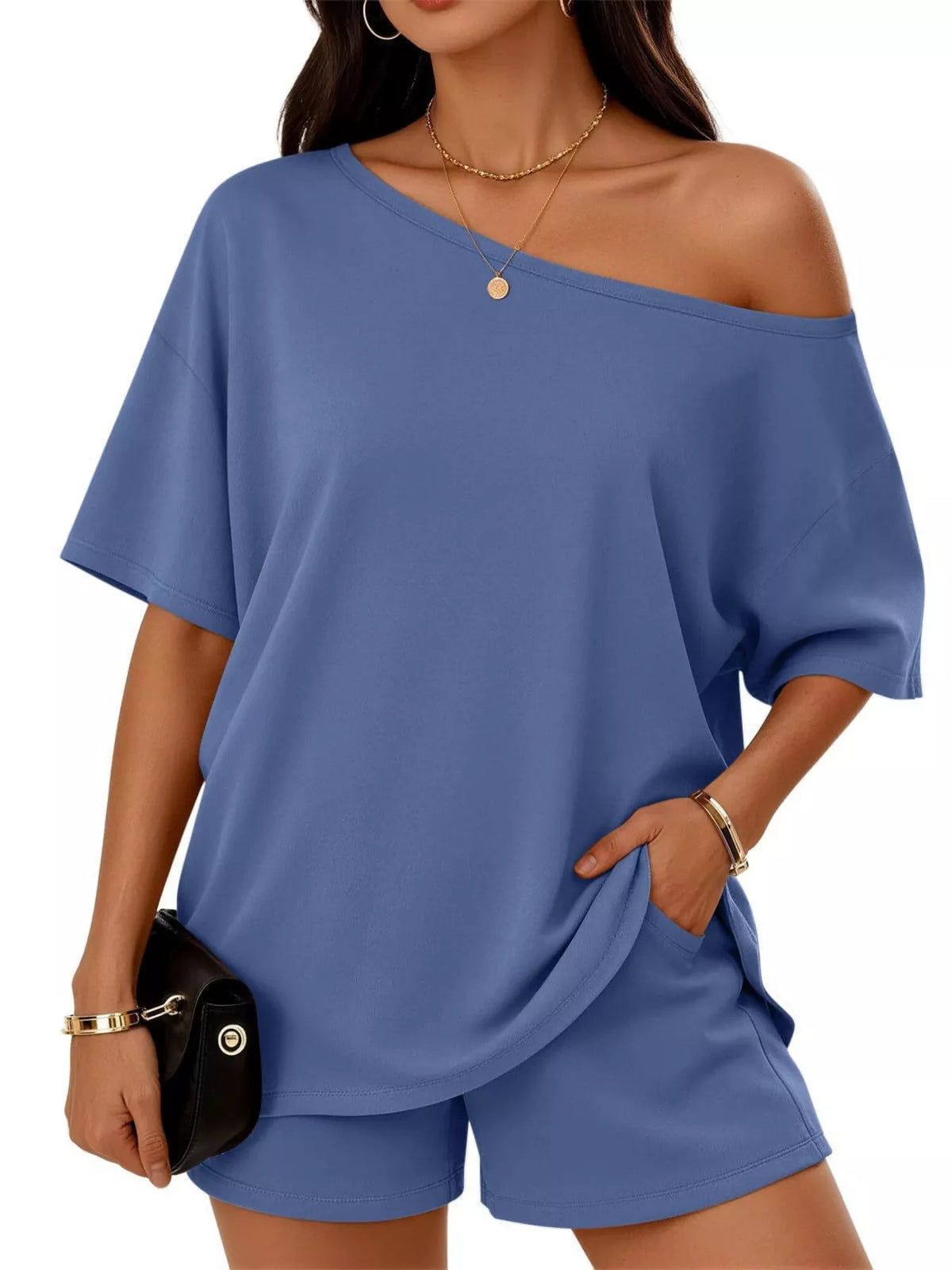 Full Size One Shoulder Top Shorts Set Plus