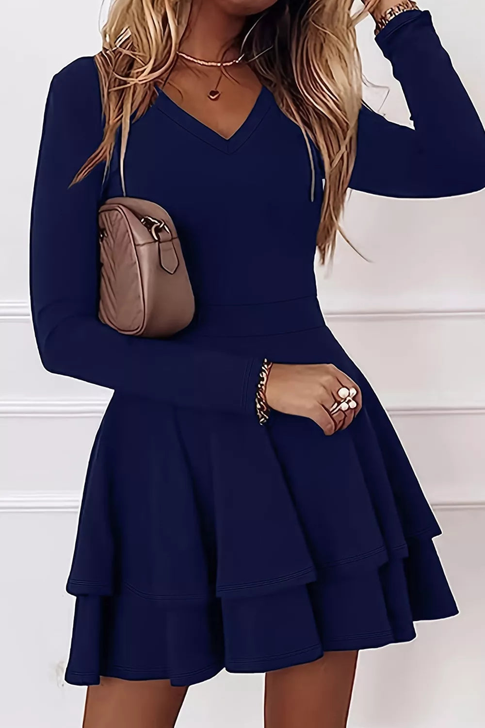 Layered Long Sleeve V-neck Mini Dress (9)