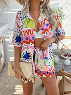Printed Button Down Shirt Shorts Set (20)